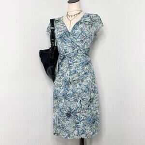 Y2K 00s Mesh Faux Wrap Dress Blue Floral V-Neck Sweet Pea Large Resort Vacation